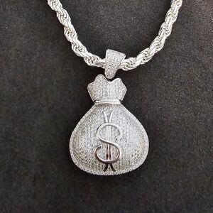 Sterling Silver 925 Rhodium Plated CZ Money Bag Hip Hop Pendant